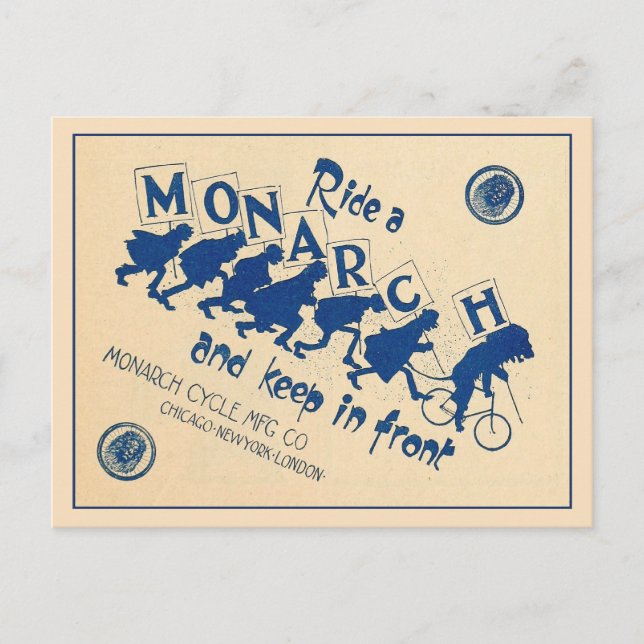 Cartão Postal Publicidade de bicicleta do Ciclo de Monarca Vinta (Frente)