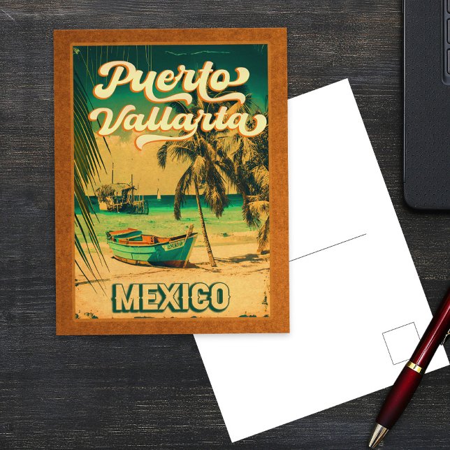 Cartão Postal Puerto Vallarta Palm Tree Retro 80s Planície Mexic (Criador carregado)