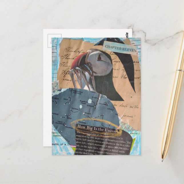 Cartão Postal Puffin and Fish Chapter Eleven Mixed Media Collage (Frente/Verso In Situ)