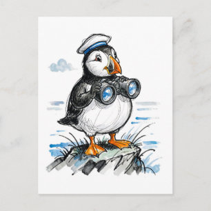 Cartão Postal Puffin Scouting Horizont mit Fernglas Tinte Illust