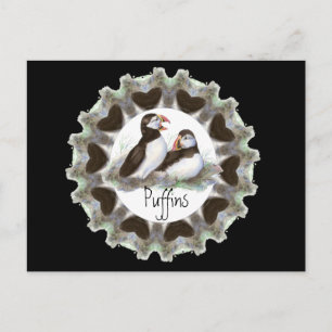 Cartão Postal Puffins de Aquarela com Corações para Ventilador