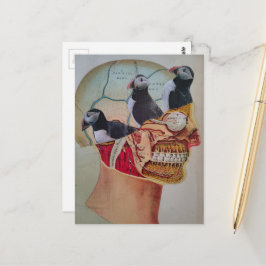 Cartão Postal Puffins on the Brain Surreal mixed media collage