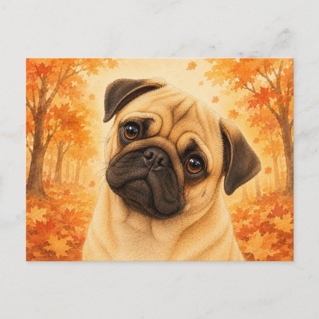 Cartão Postal Pug Autumn Forest Dog (Frente)