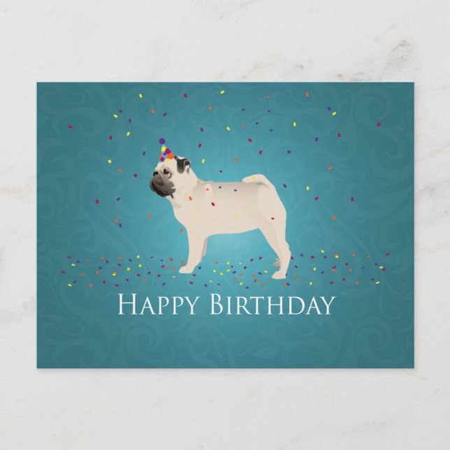 Cartão Postal Pug Birthday Design (Frente)