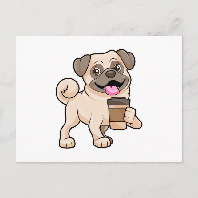 Cartão Postal Pug com Café para viagem (Frente)