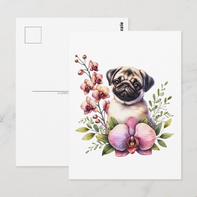 Cartão Postal Pug com Ramificação Orquídea, Pós-Travessia (Frente/Verso)