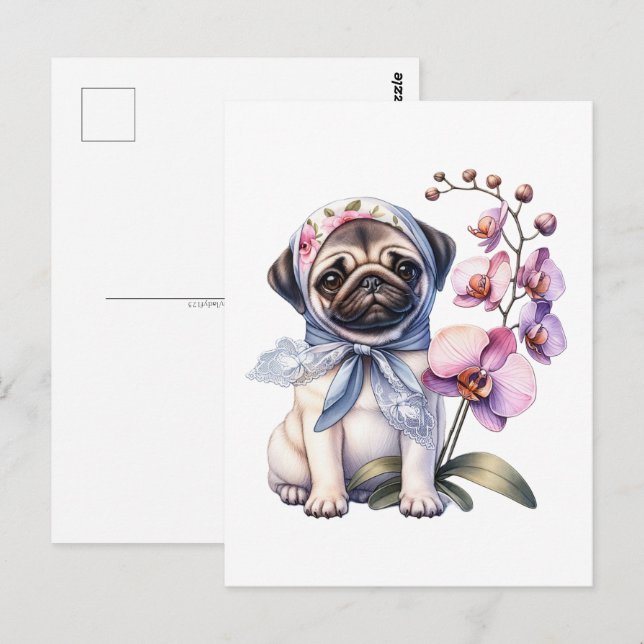 Cartão Postal Pug com Ramificação Orquídea, Pós-Travessia (Frente/Verso)