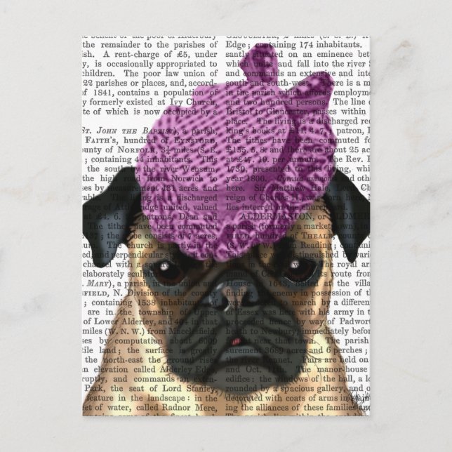 Cartão Postal Pug com Vintage Purple Hat (Frente)