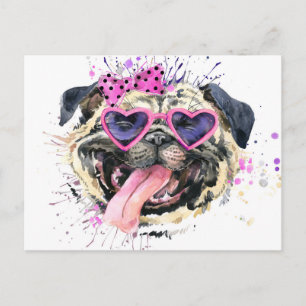 Cartão Postal Pug De Aquarela Cor-De-Rosa-Cor-De-Cobra