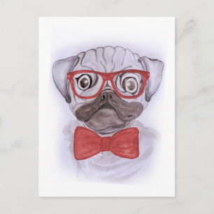 Cartão Postal Pug de aquarela engraçada, cãozinho, com óculos