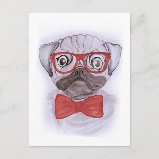 Cartão Postal Pug de aquarela engraçada, cãozinho, com óculos ve (Frente)