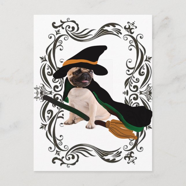 Cartão Postal pug de bruxa-bruxa voadora de halloween feliz (Frente)