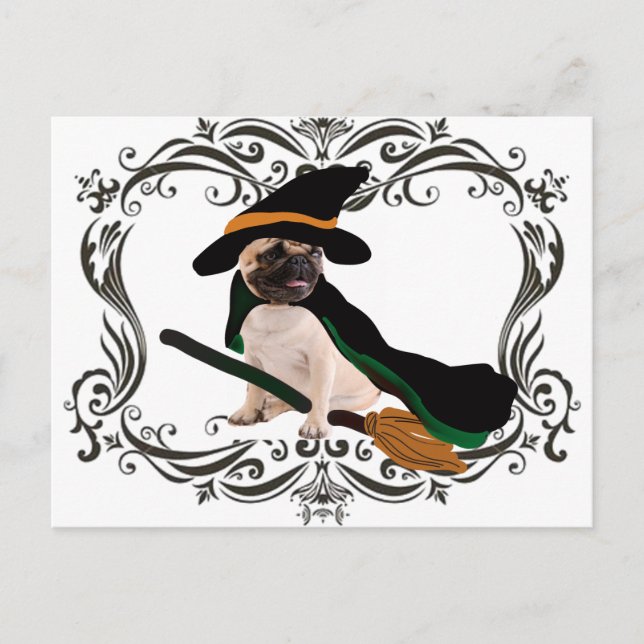 Cartão Postal pug de bruxa-bruxa voadora de halloween feliz (Frente)