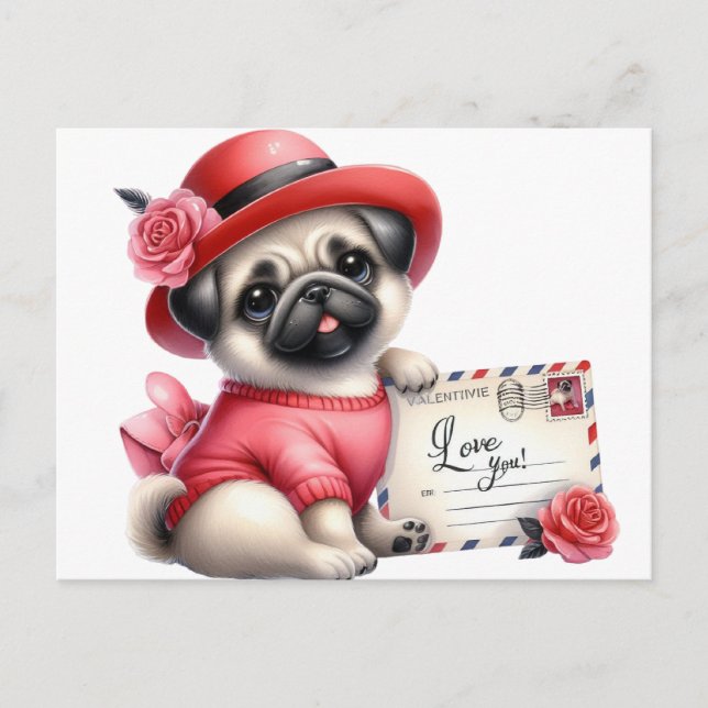 Cartão Postal Pug de chapéu vermelho (Frente)