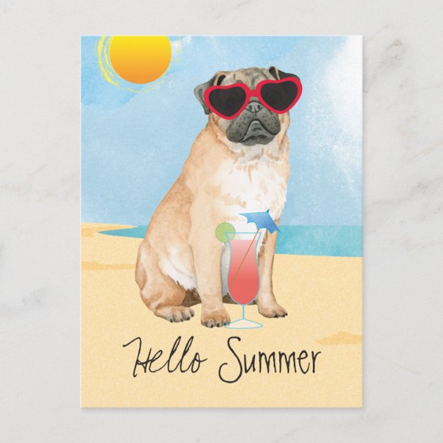Cartão Postal Pug de Verão (Frente)