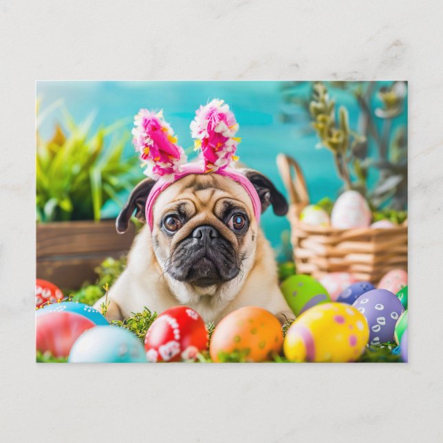 Cartão Postal Pug Dressed as Easter Bunny with Eggs (Frente)