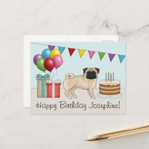 Cartão Postal Pug Fawn Cartoon Cachorro Colorido Feliz Aniversár