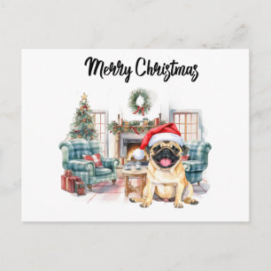 Cartão Postal Pug Feliz Natal aquarela