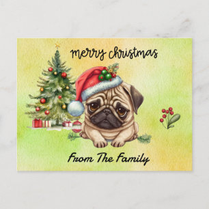 Cartão Postal Pug Merry Christmas watercolor