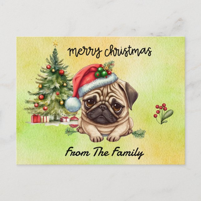 Cartão Postal Pug Merry Christmas watercolor (Frente)