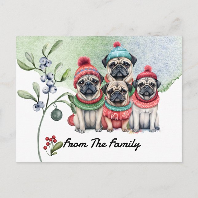 Cartão Postal Pug Merry Christmas watercolor (Frente)