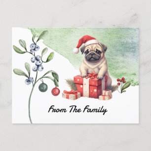 Cartão Postal Pug Merry Christmas watercolor