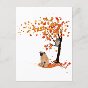 Cartão Postal Pug Owl E Fall Tree Pug Proprietário Funny Pug Aut