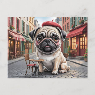 Cartão Postal Pug Parisiense em Café na Calçada