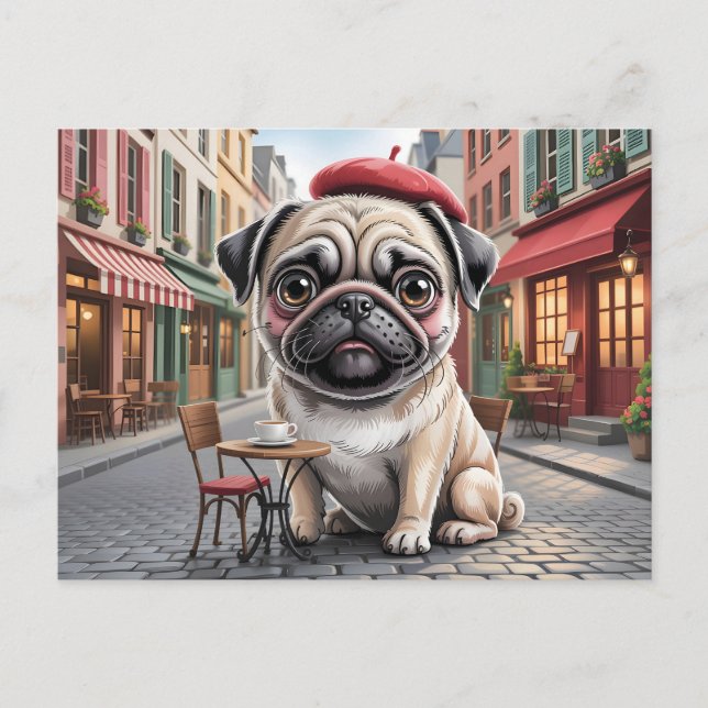 Cartão Postal Pug Parisiense em Café na Calçada (Frente)