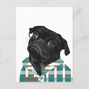 Cartão Postal Pug Preto Adorável com Óculos e Camisa