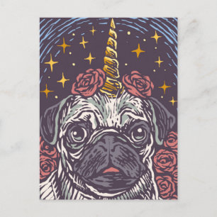 Cartão Postal Pug Unicórnio de Aniversário