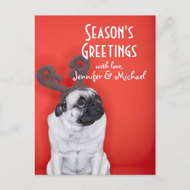 Cartão Postal Pug vestindo galhadas de renas (Frente)