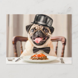 Cartão Postal Pug Wearing Hat Sitting at Table