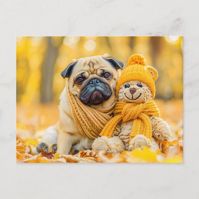 Cartão Postal Pug with Plush Toy in Autumn Forest (Frente)