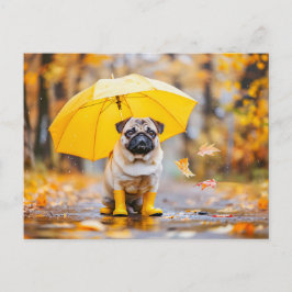 Cartão Postal Pug with Umbrella and Boots in Rain