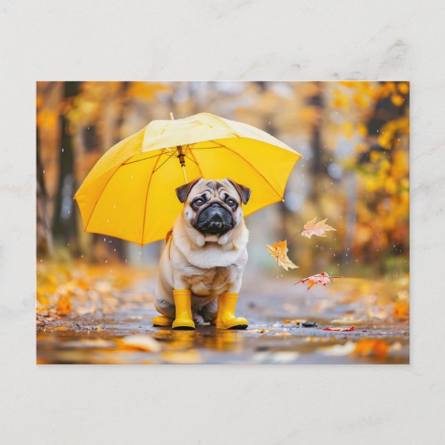 Cartão Postal Pug with Umbrella and Boots in Rain (Frente)