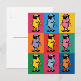Cartão Postal Pugs Engraçados em Skateboards Grade de Arte Pop