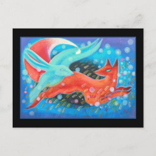 Cartão Postal Pulando animais, uma raposa e uma lebre.