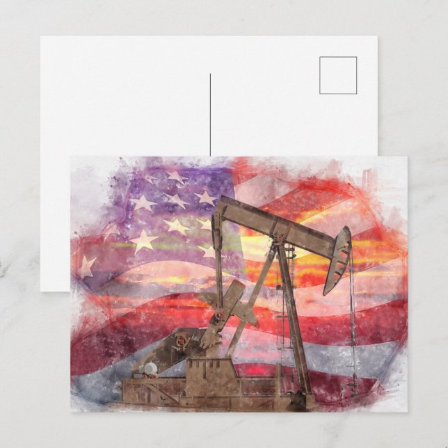 Cartão Postal Pumpjack silhueta pastel desenho americano Bandeir (Frente/Verso)