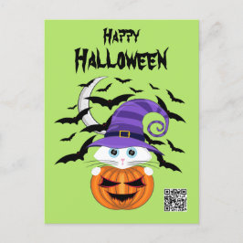 Cartão Postal Pumpkin assustador com Gatinho branco e chapéu de