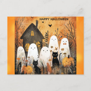 Cartão Postal Pumpkin de Gata Negra Fantasma Feliz de Halloween