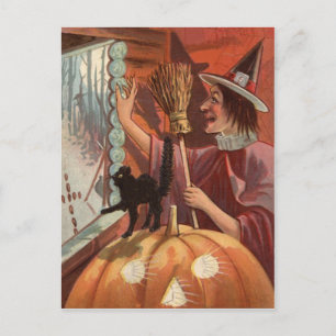 Cartão Postal Pumpkin De Gato Negra De Bruxa O Lanterna