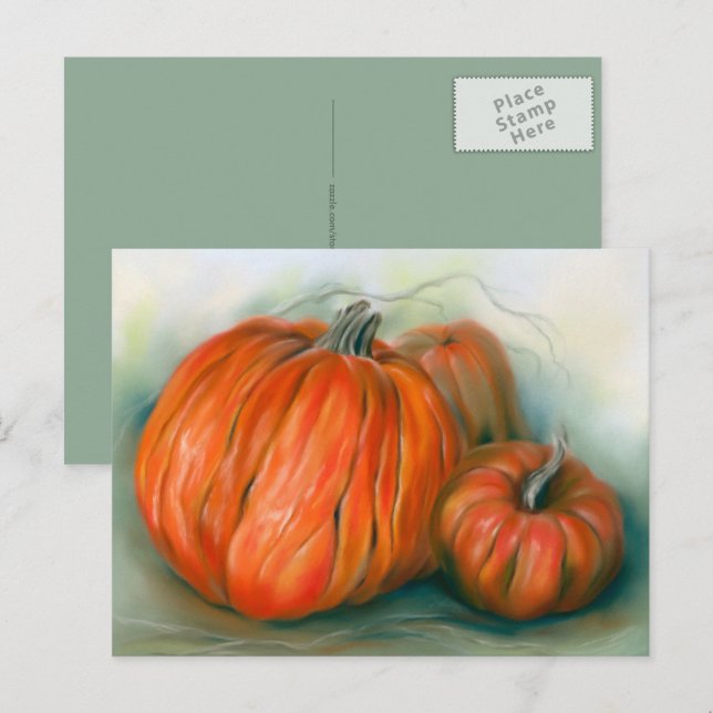 Cartão Postal Pumpkin Patch Autumn Trio Pastel Art (Frente/Verso)