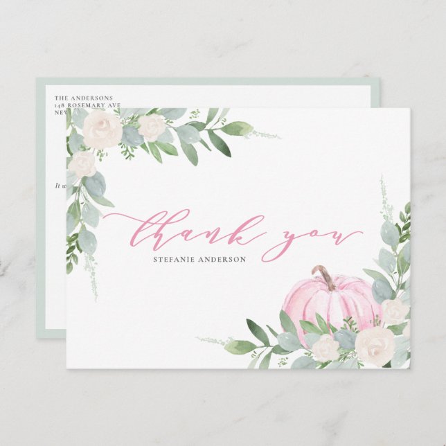 Cartão Postal Pumpkin rosa e outono verde Muito obrigado (Frente/Verso)