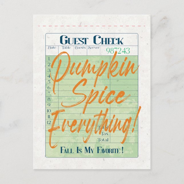 Cartão Postal Pumpkin Spice Queda Autumn Guest Check Coffee Latã (Frente)