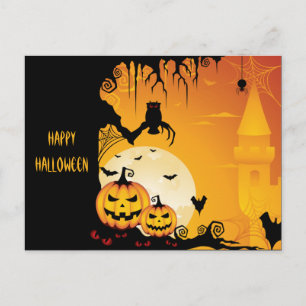 Cartão Postal Pumpkins assustador do Halloween e lua cheia