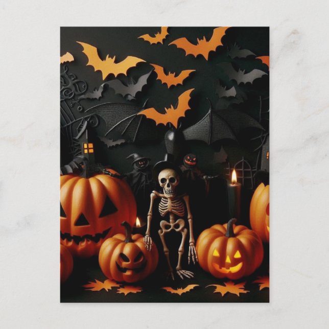 Cartão Postal Pumpkins e esqueleto (Frente)