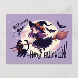 Cartão Postal Punção de Halloween fofo com bruxa e gato 