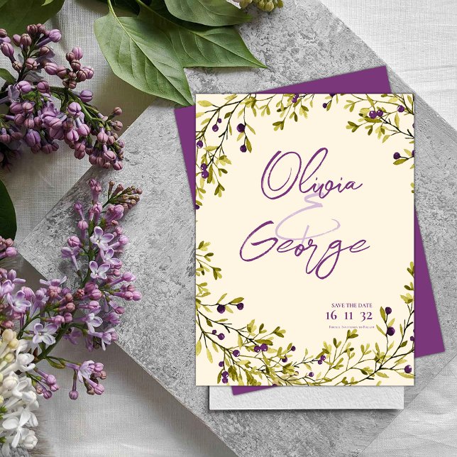 Cartão Postal Purple Berry Greenery deixa casamento Salvar a dat (Purple Berry Greenery Leaves Wedding Save the Date Postcard)