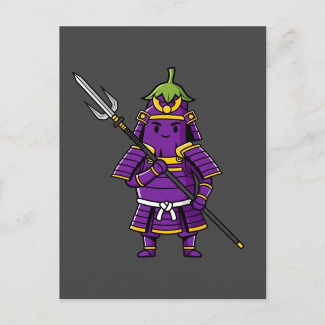Cartão Postal Purple Eggplant Samurai Warrior with Spear Illustr (Frente)